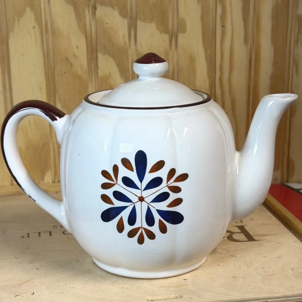 Vintage Japan Ceramic Teapot White Blue Brown Floral Mid Century Retro Tea‎ Pot